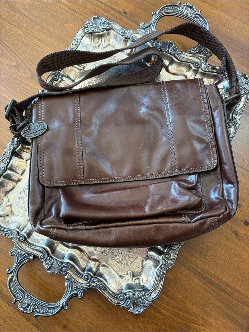 Men’s Vintage Fossil Brown Leather Messenger Crossbody Bag